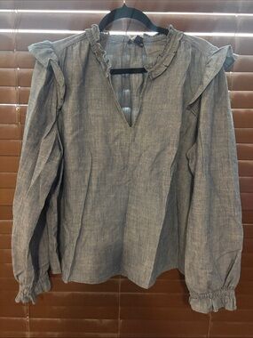 J. Crew Chambray Ruffled V-Neck Long Sleeve Blouse - Light Blue